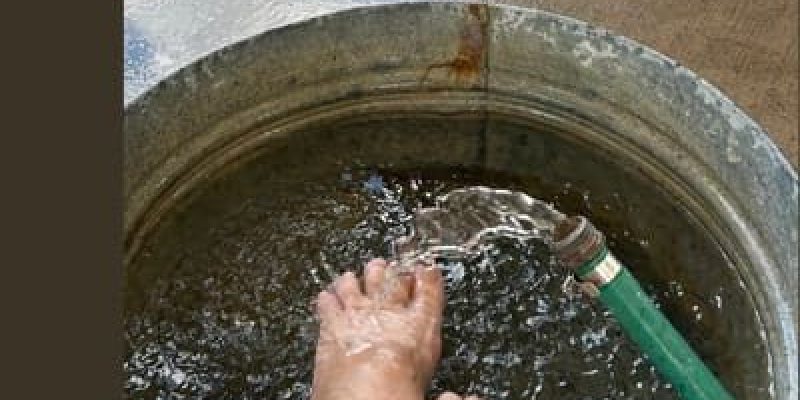 A person 's feet in water with a brush.